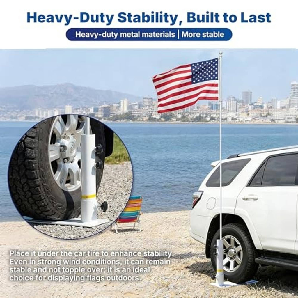 White metal flag pole mount installed on a car tire with black clamps