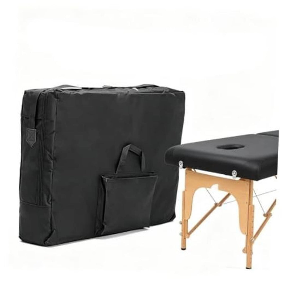 Black nylon massage table storage bag with padded carry handle and front pocket