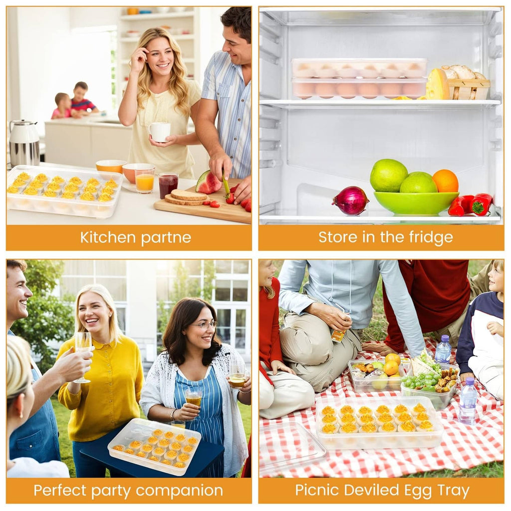 Clear deviled egg tray carrier with lid for serving deviled eggs and storing in fridge