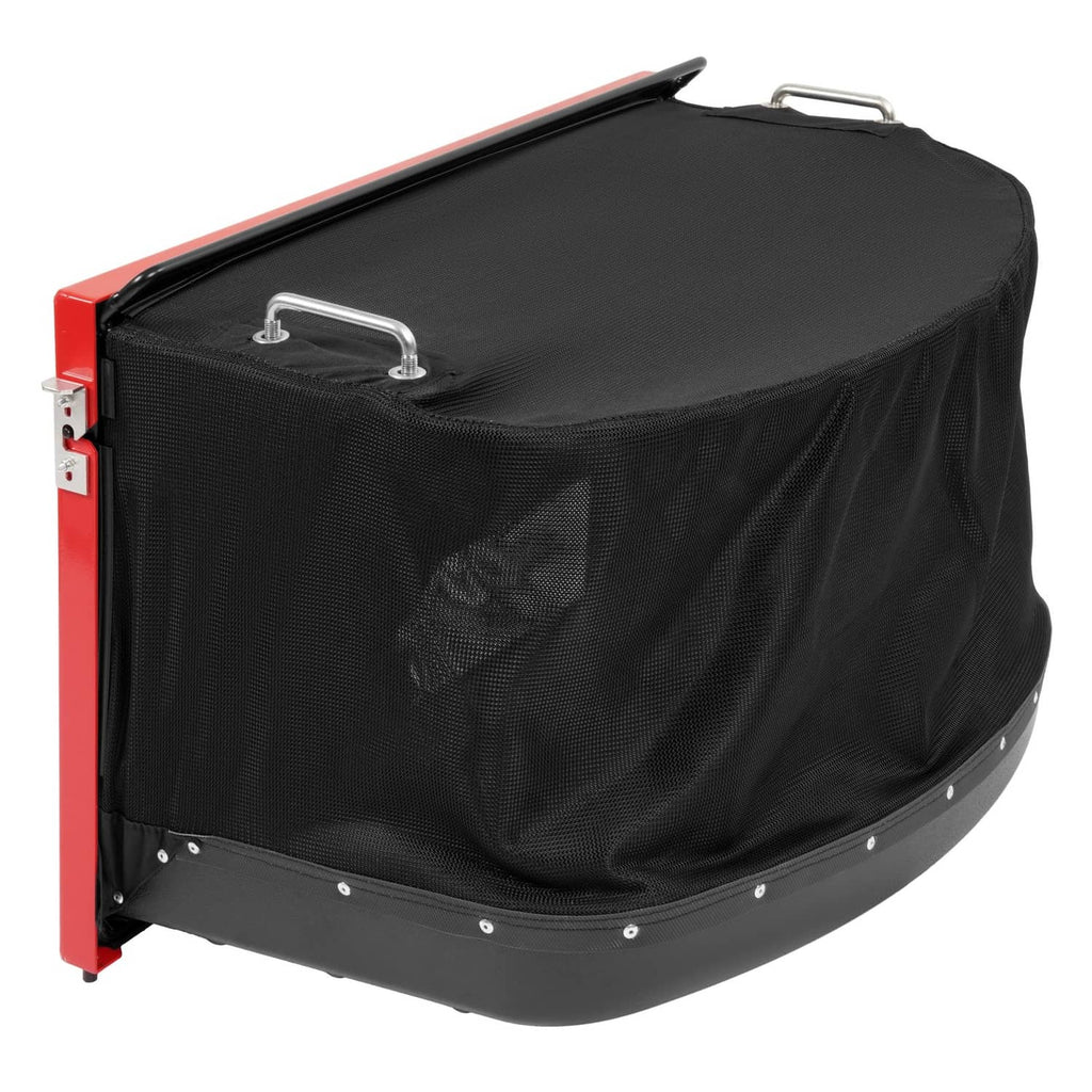 Black fabric catcher bag on red side panel with top carry handle