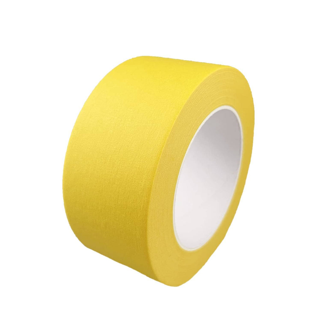 Yellow masking tape roll angled view; shows wide width and inner core