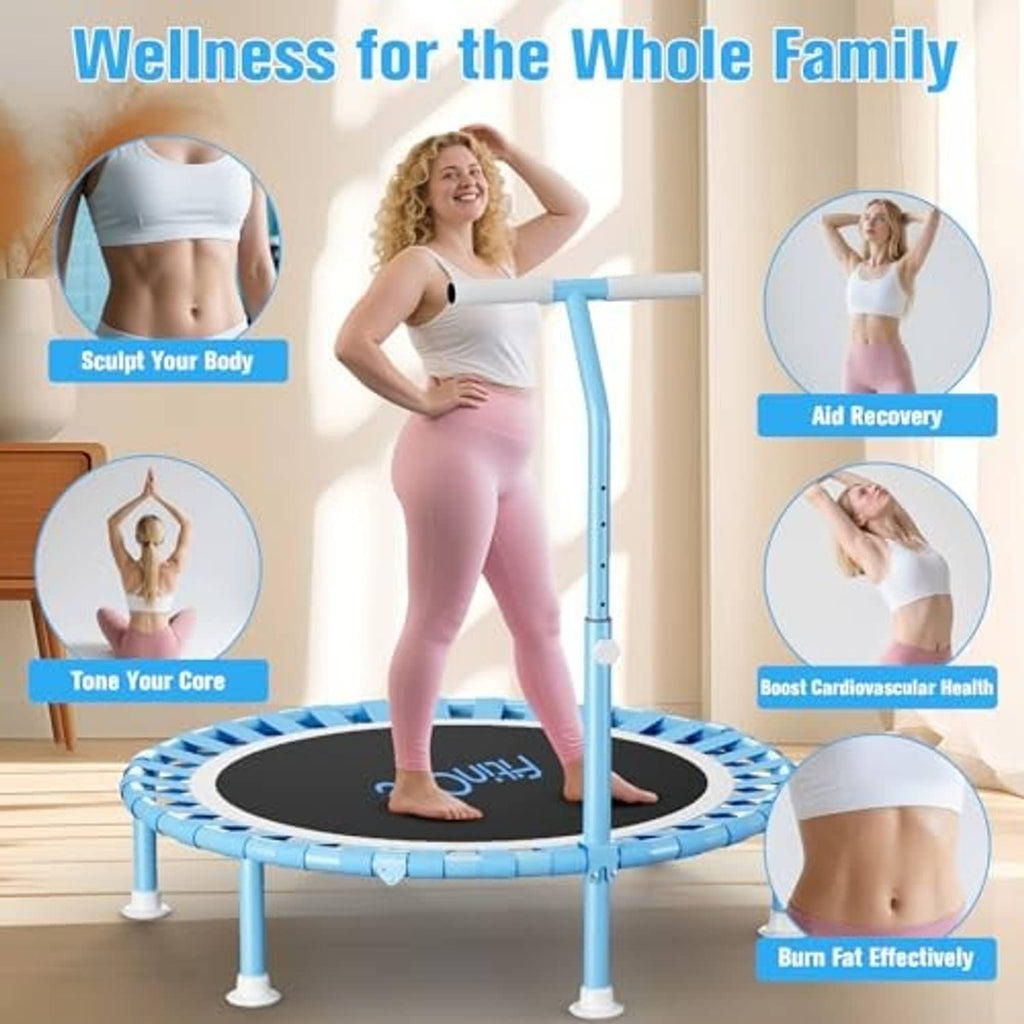 Mini trampoline with light blue frame, black mat, and upright support handle