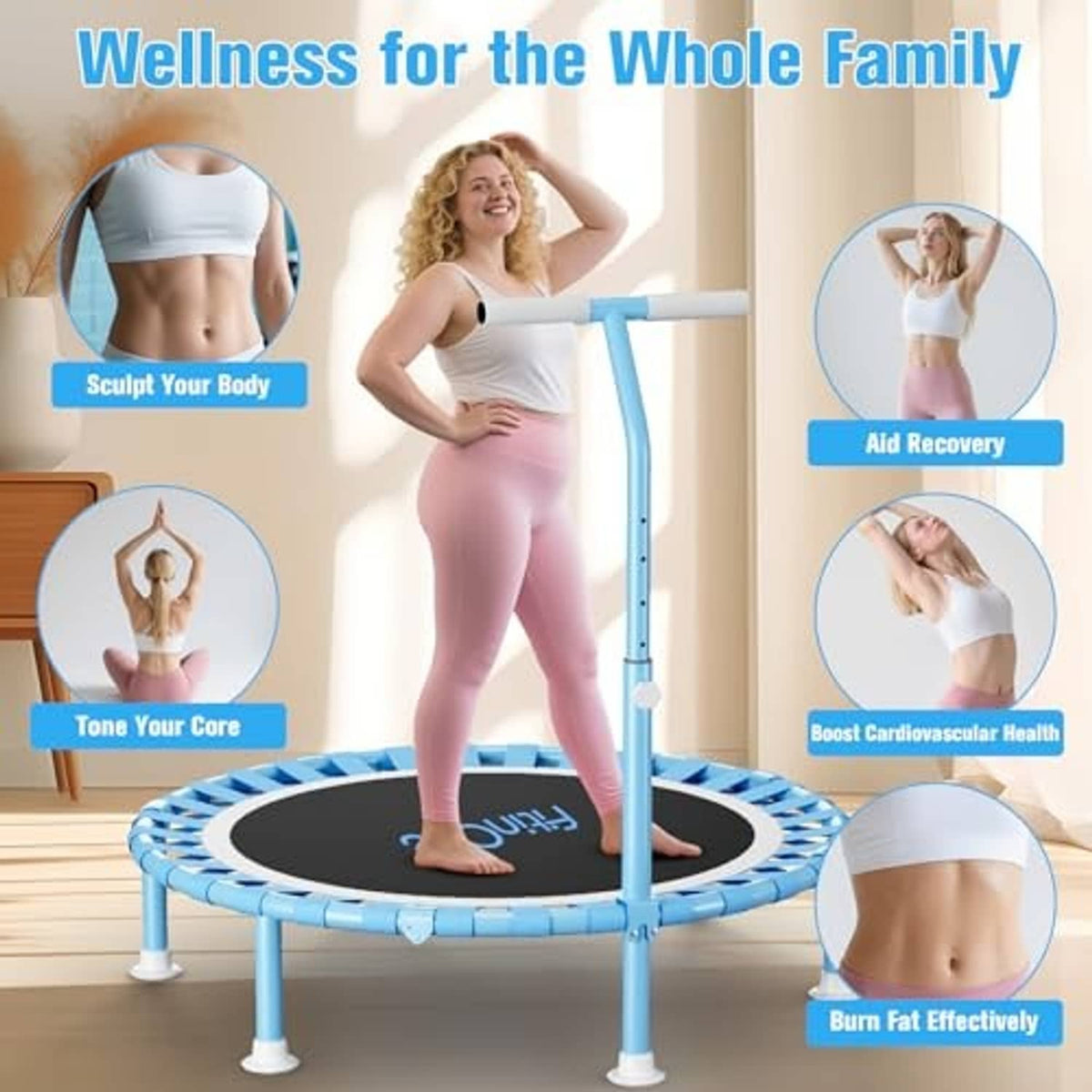Mini trampoline with light blue frame, black mat, and upright support handle
