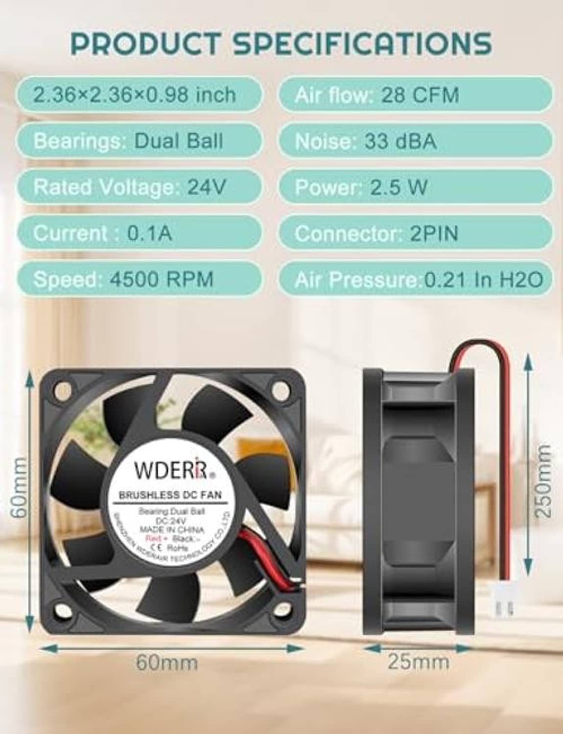 Square 24V brushless cooling fan, showing 60mm and 25mm dimensions and airflow specs