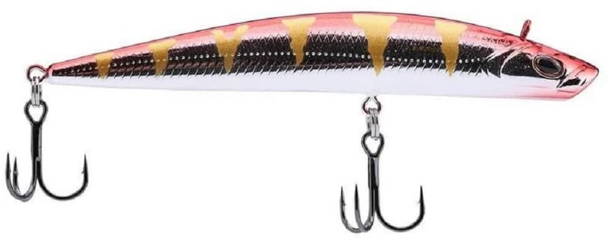 Red perch patterned crankbait lure, chrome finish, with treble hooks