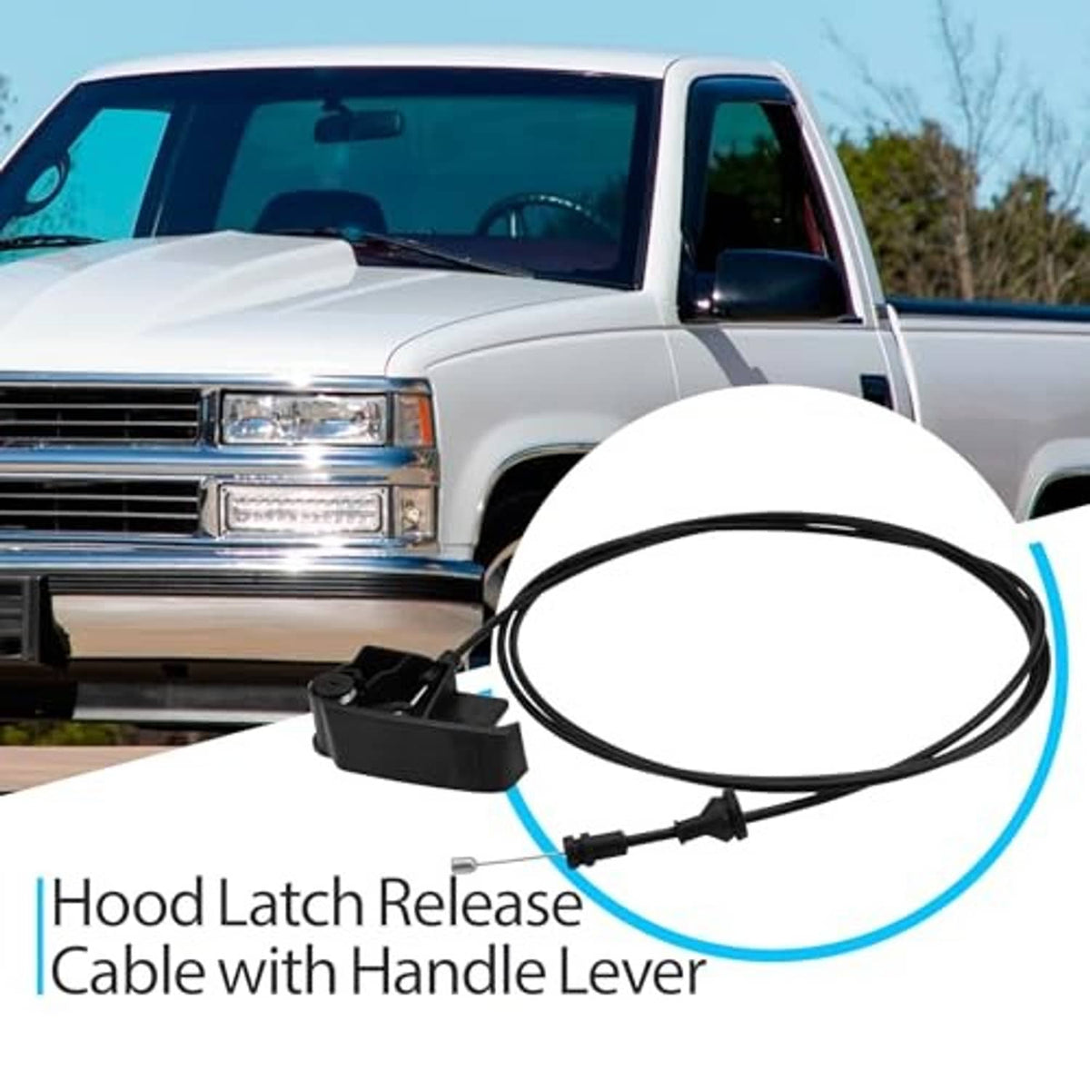 Black hood latch release cable with handle lever near truck grille