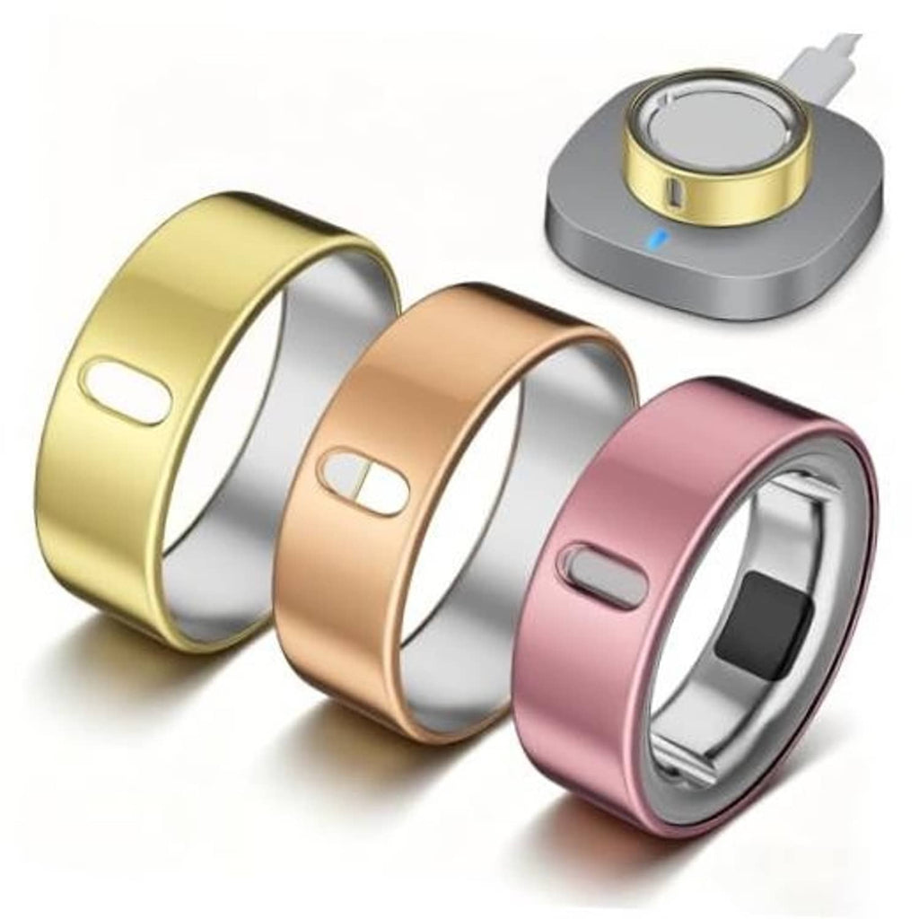 Set of three Oura ring covers in gold, rose gold, and pink with open indicator slot