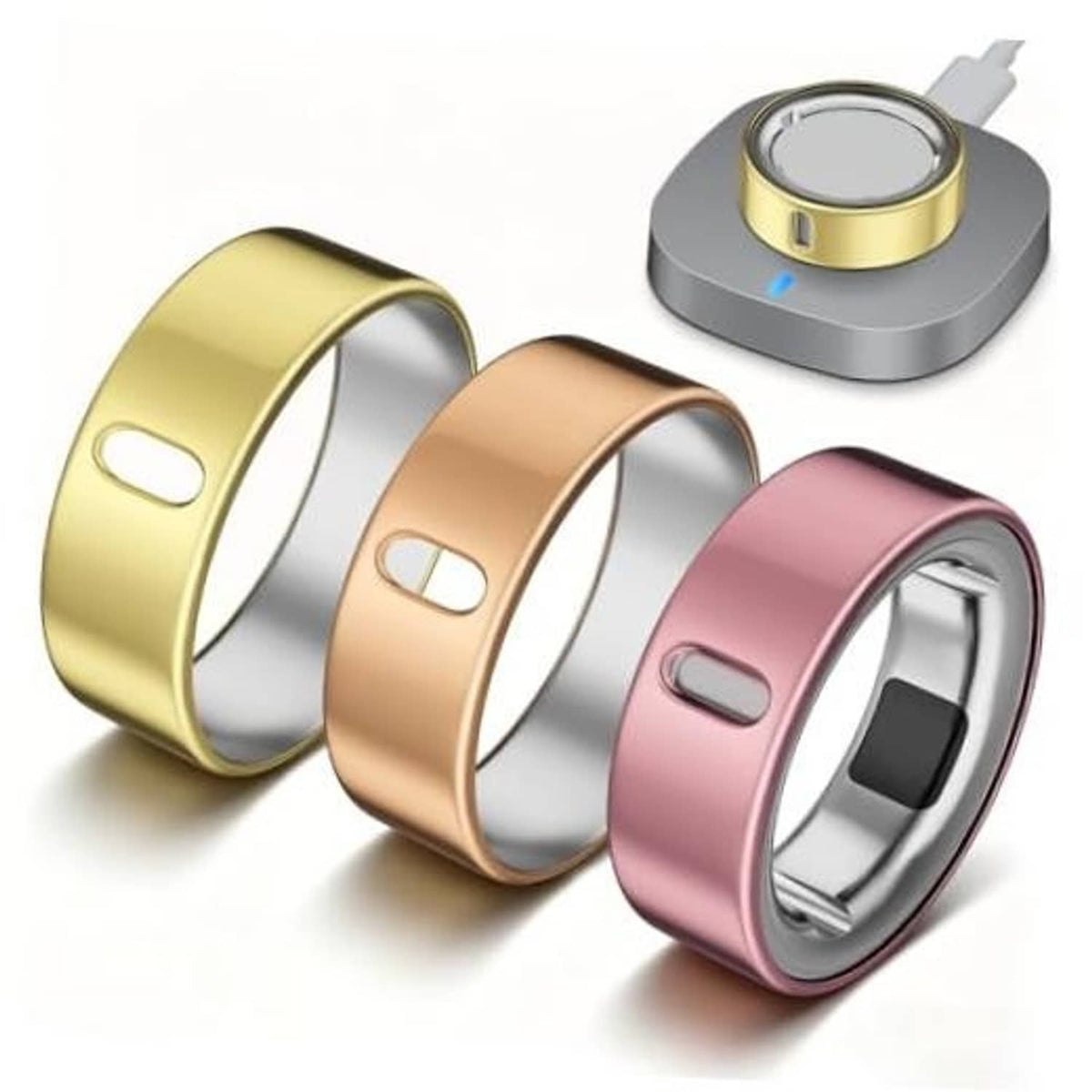Set of three Oura ring covers in gold, rose gold, and pink with open indicator slot