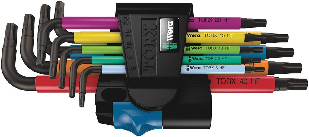 Torx L-key set with multicolour keys in black holding holder, holding function