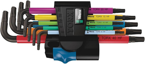 Torx L-key set with multicolour keys in black holding holder, holding function