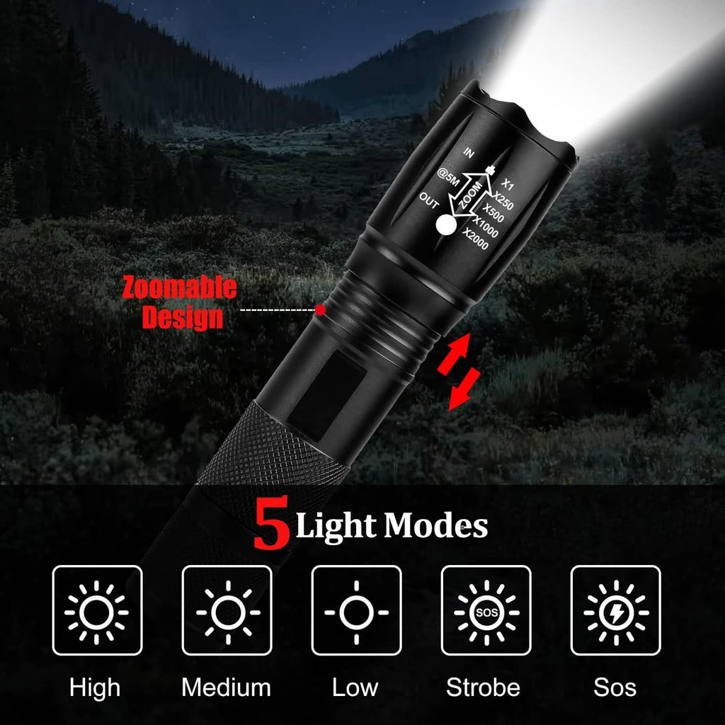 Black zoomable LED flashlight with multiple light modes, knurled handle and lens