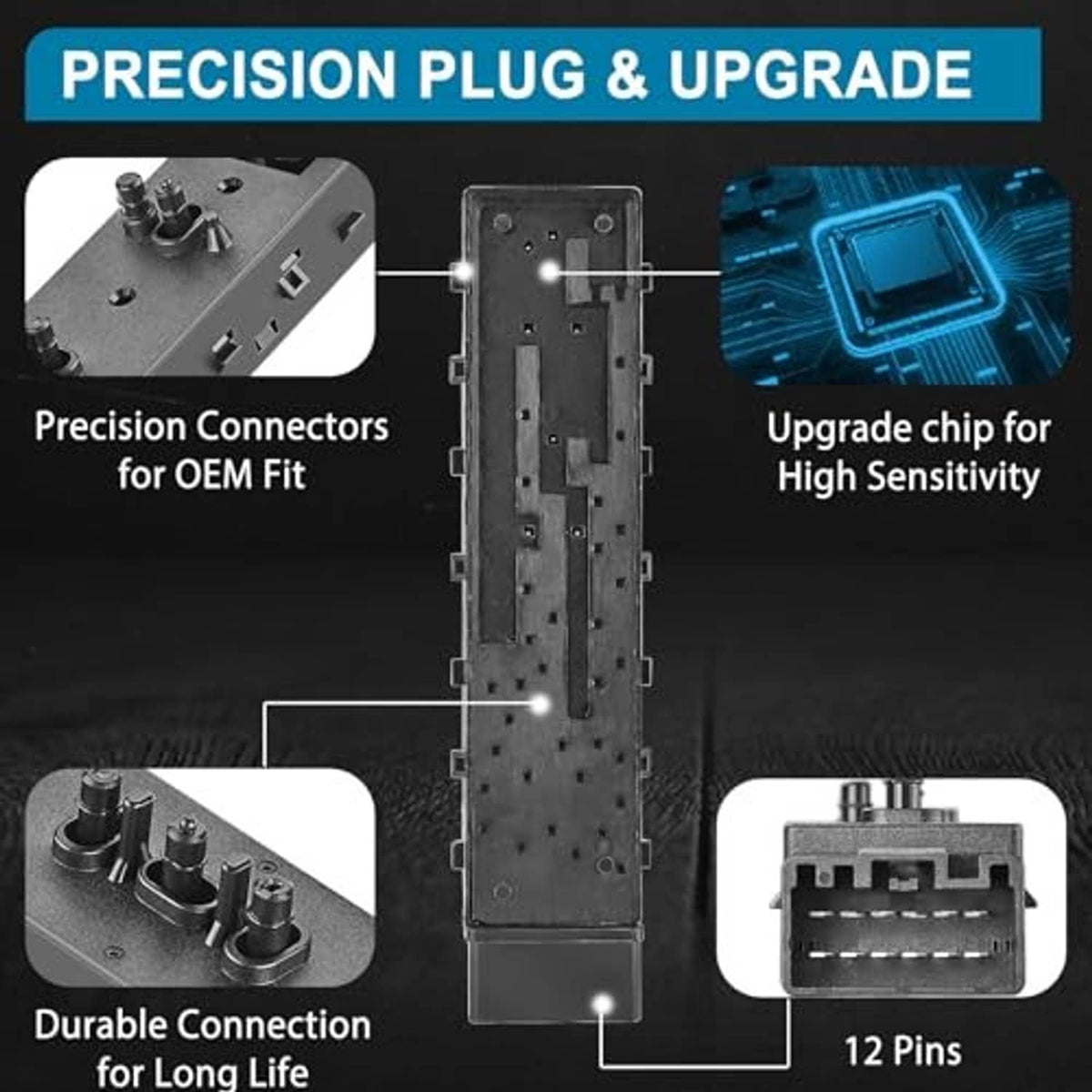 Power seat switch replacement module with precision connector layout and 12-pin plug interface