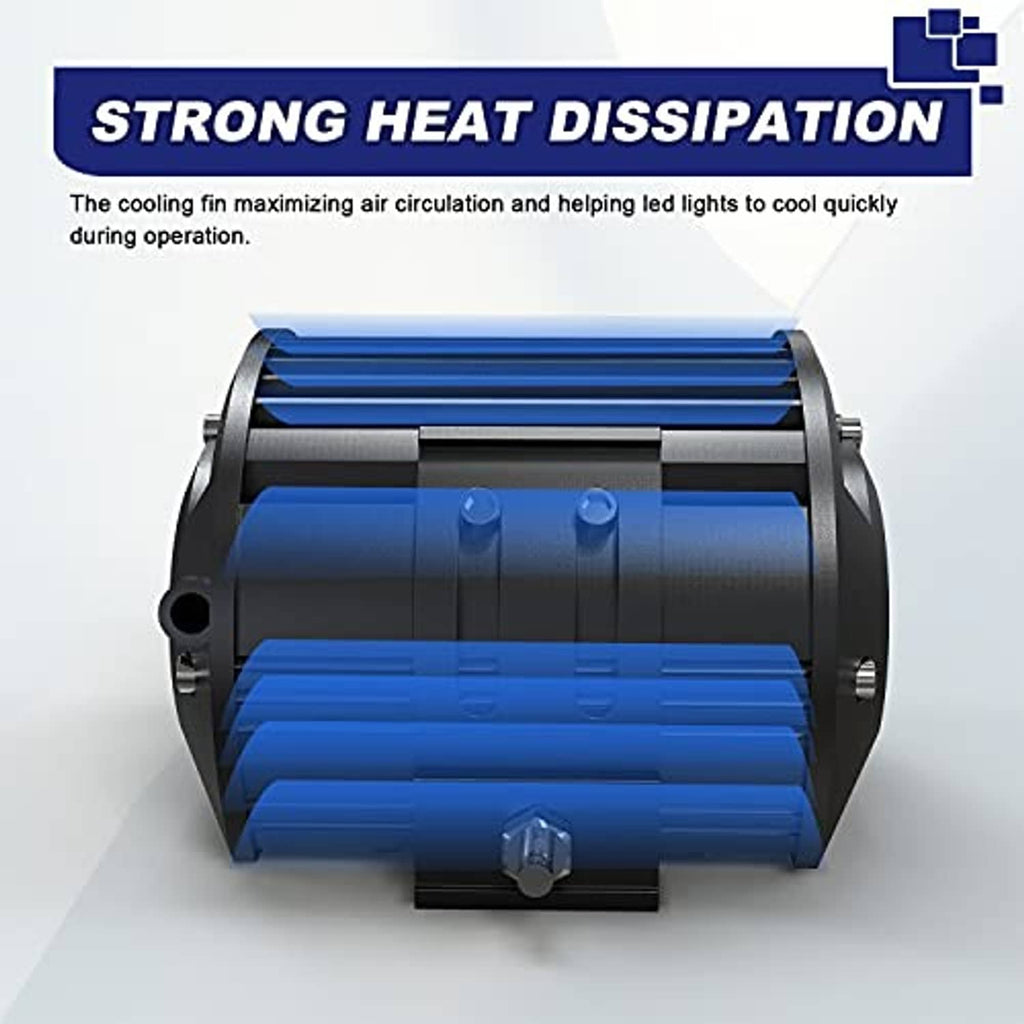 Black LED pod light heat sink with cooling fins and mounting base, front view