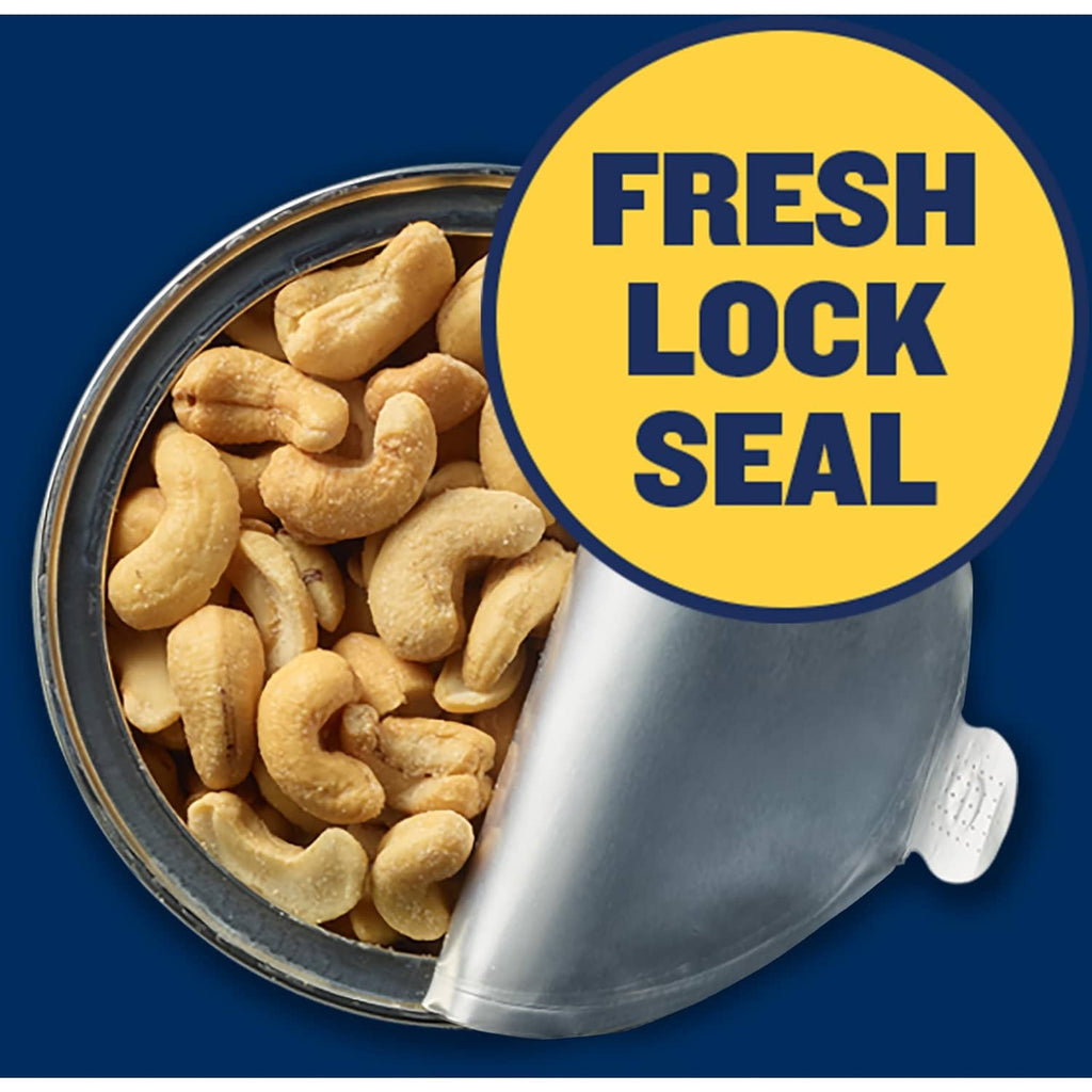 Canister with Fresh Lock Seal badge over salted cashews