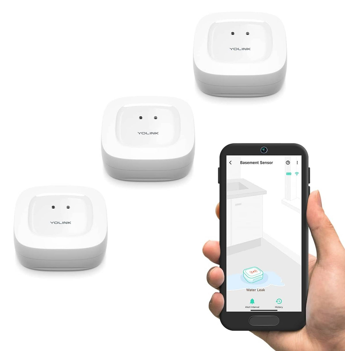 YoLink white water leak sensors, 3-pack, with one hand holding a phone