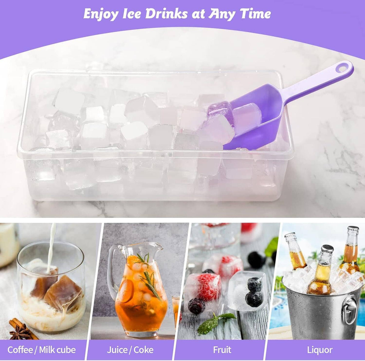 Purple ice cube tray with lid, purple scoop, and clear storage bin with ice