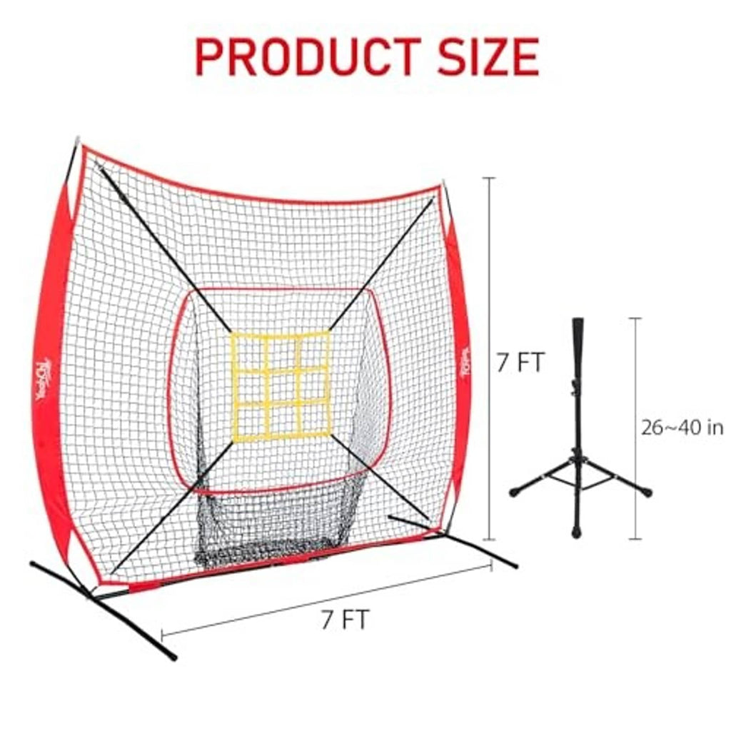 7 ft baseball training net set with red frame and black grid net, shown with stand height