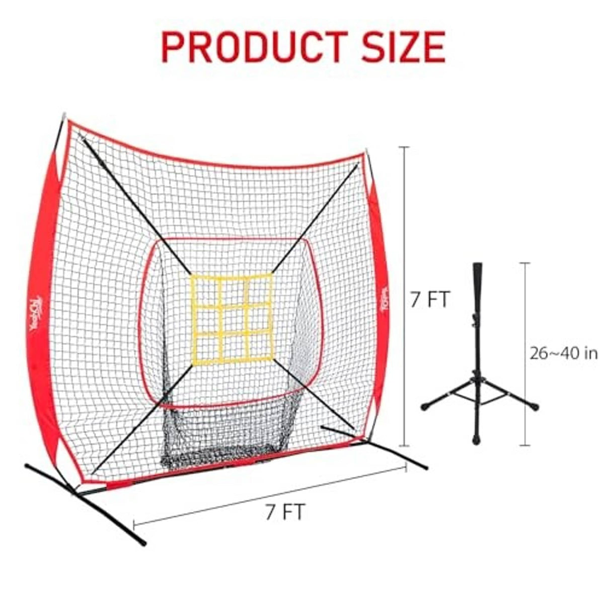 7 ft baseball training net set with red frame and black grid net, shown with stand height