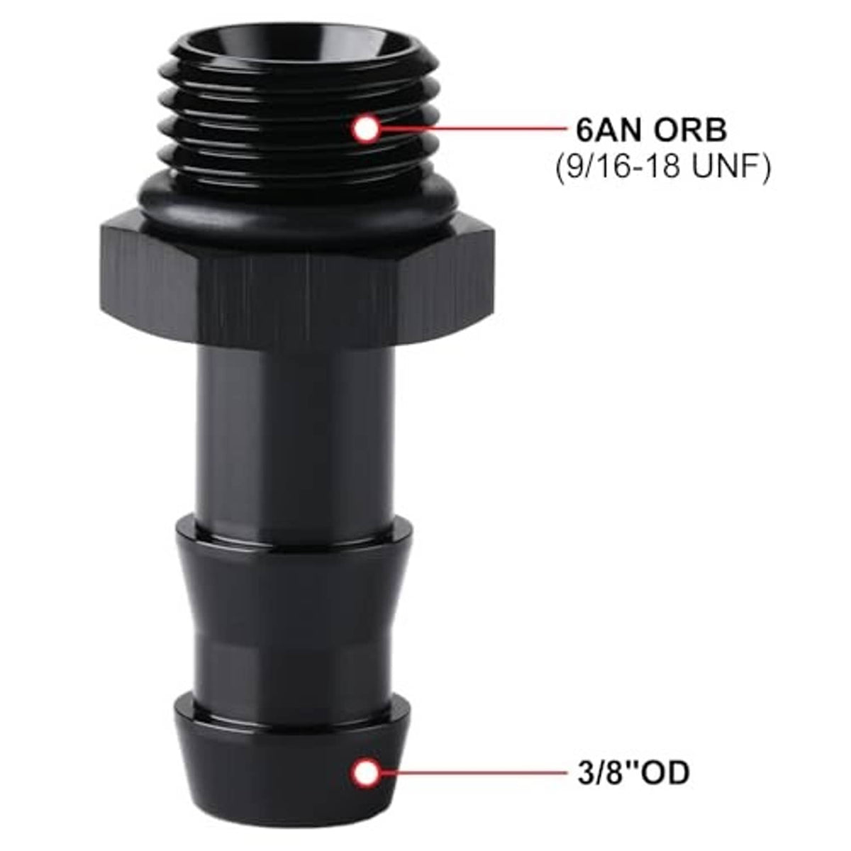 Black 6AN ORB male to 3/8 OD straight adapter with markings and O-ring