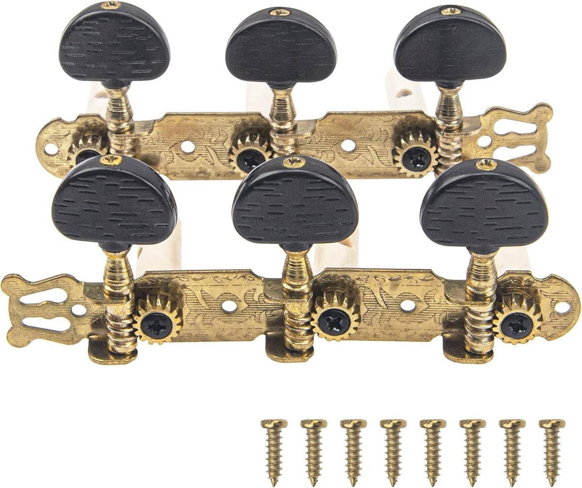 Classical guitar tuning key set with six black knobs, gold machine heads, and screws