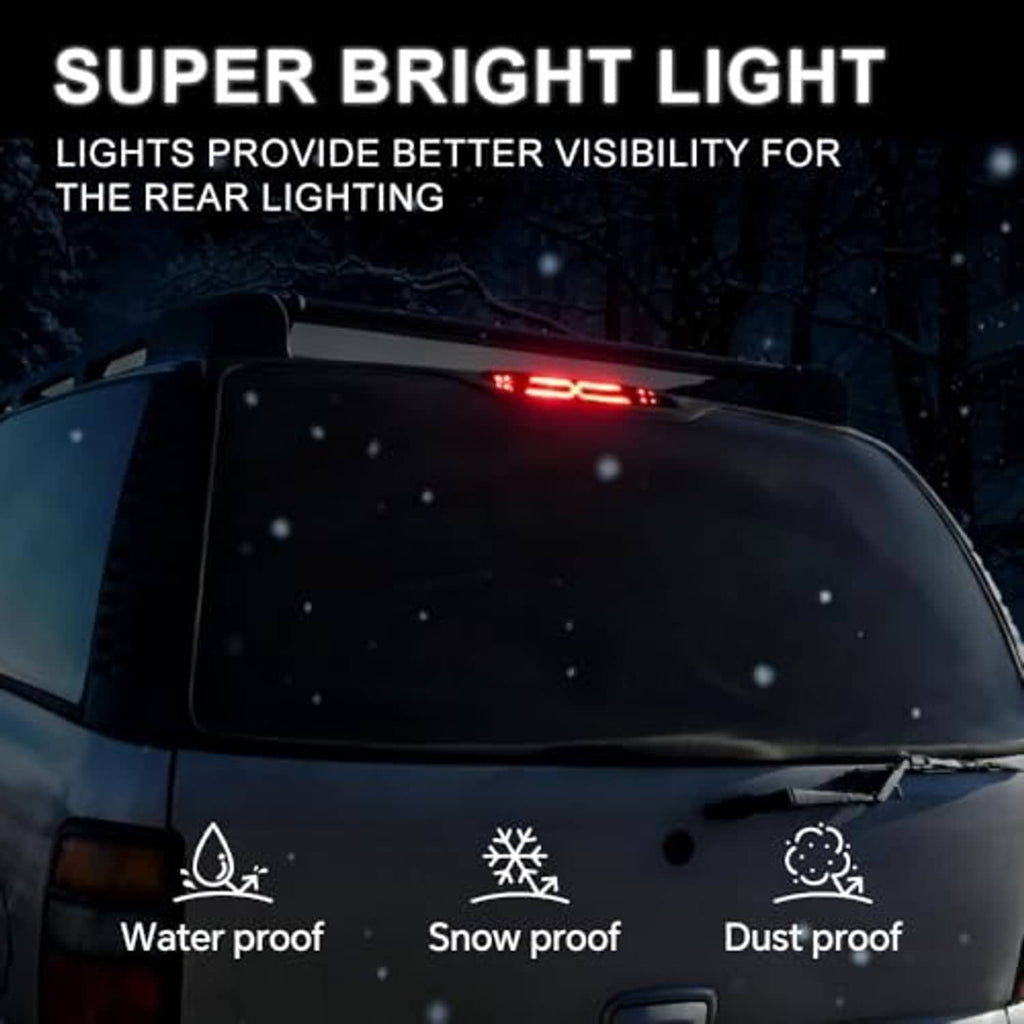 LED third brake light with clear lens, black housing, red glow on vehicle rear top