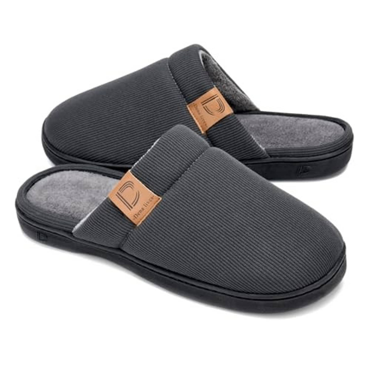 Pair of dark gray slip-on slippers with fuzzy plush lining and cushioned memory foam