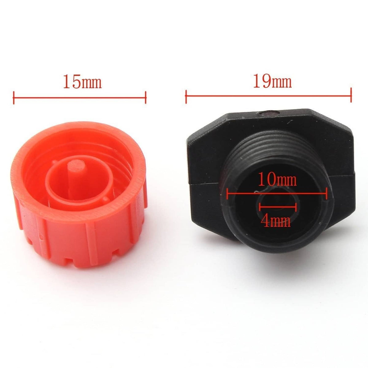 Red and black irrigation drip sprinkler with threaded inlet and size details