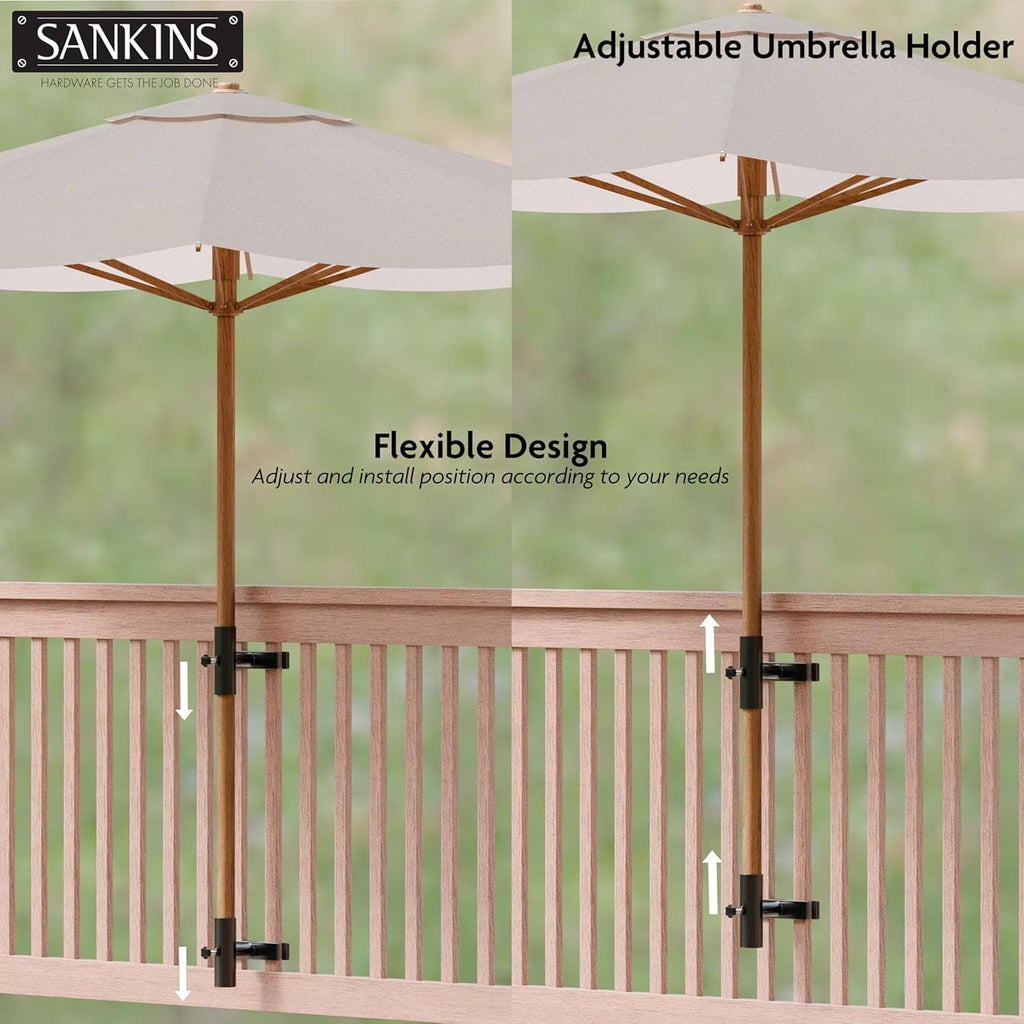 Adjustable black umbrella holder brackets on deck railing with pole insert.