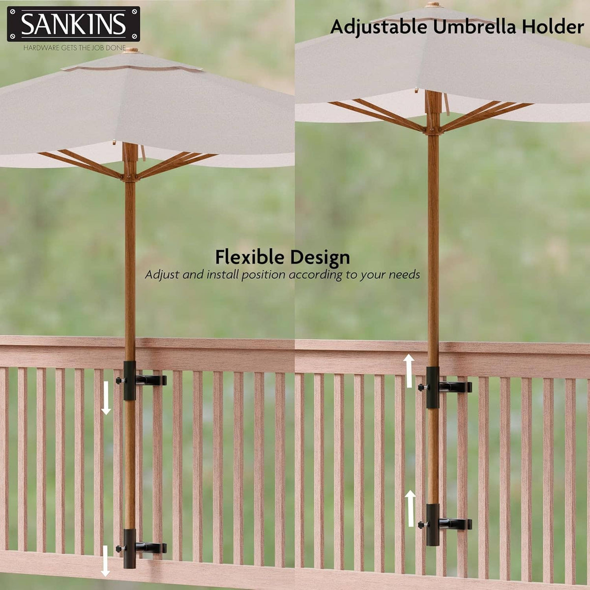Adjustable black umbrella holder brackets on deck railing with pole insert.