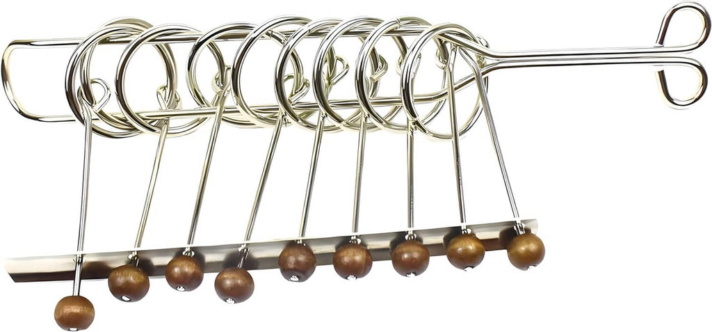 Metal linked ring brain teaser with multiple loops and bead supports, close side view