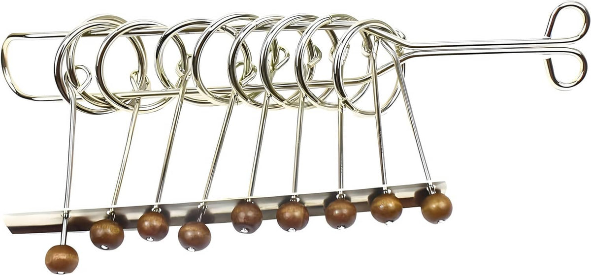 Metal linked ring brain teaser with multiple loops and bead supports, close side view