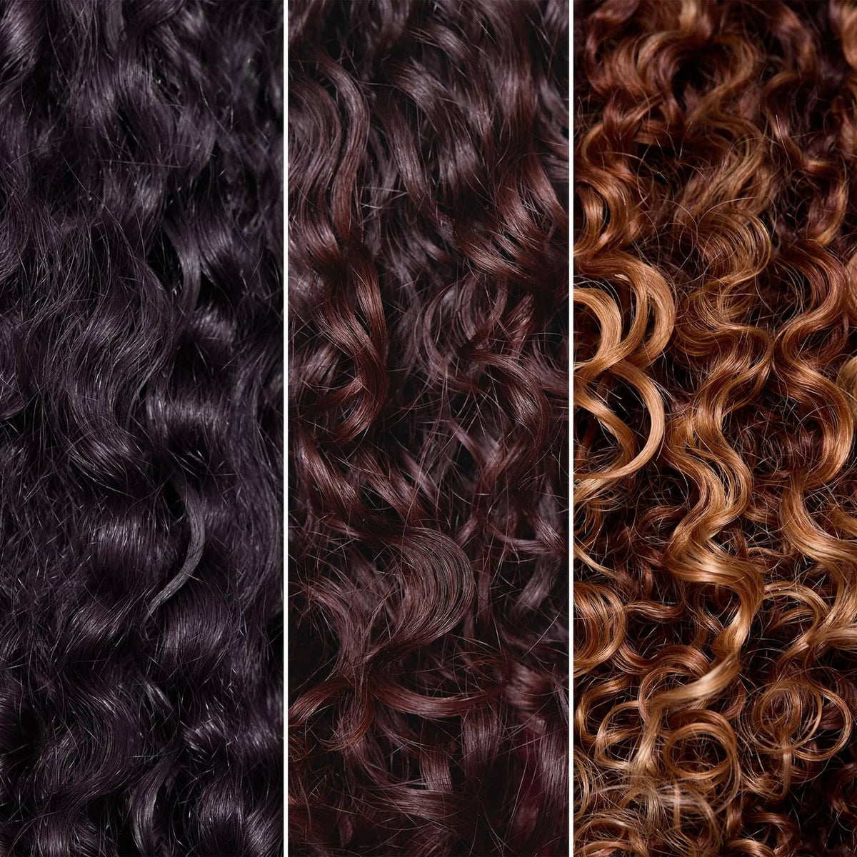 Curly hair texture comparison panels: dark waves, defined curls, and auburn ringlets