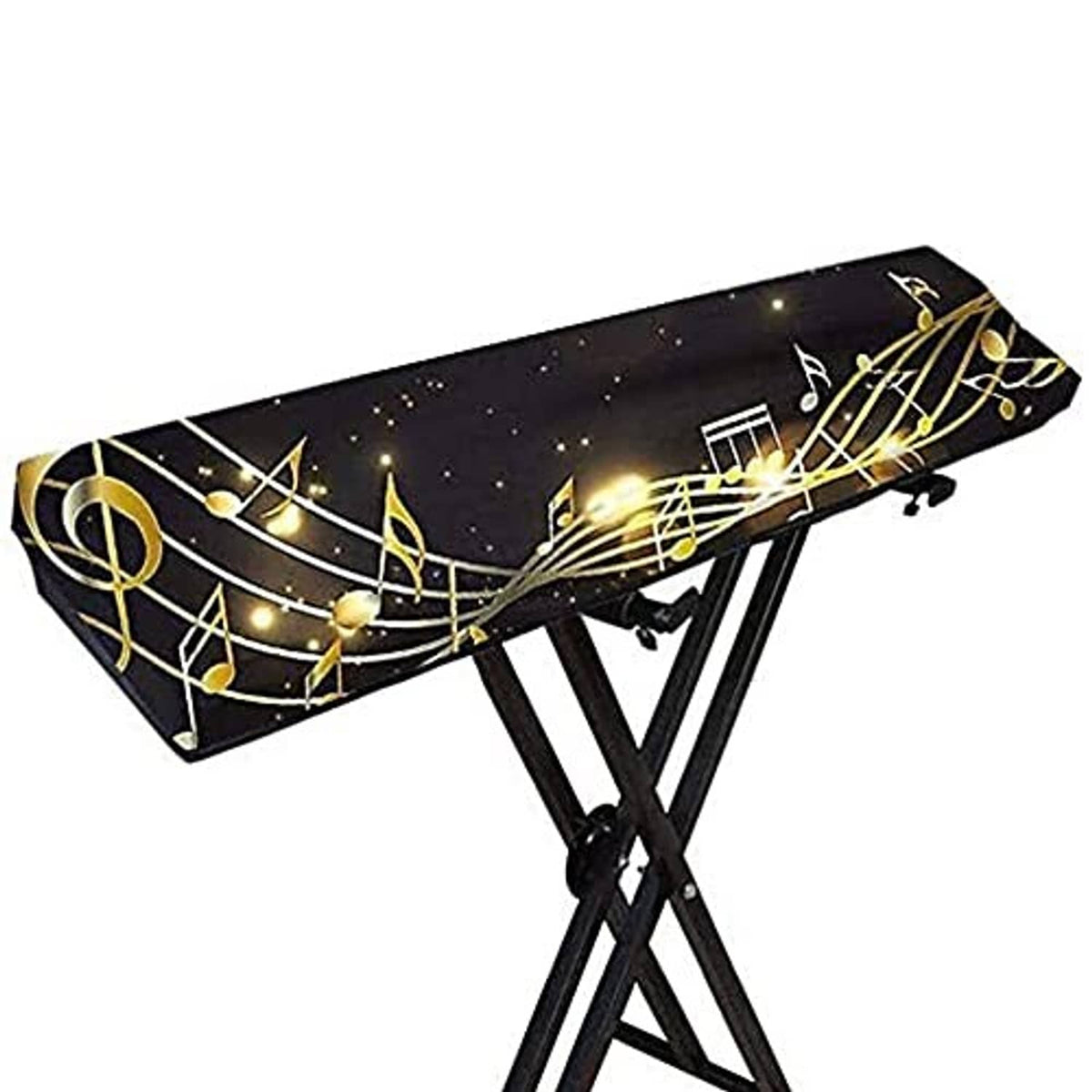 Stretchable piano keyboard dust cover with dark fabric and gold musical note print