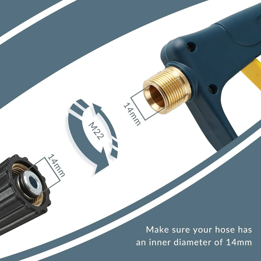High-pressure washer gun nozzle end with brass threaded inlet, blue-green housing