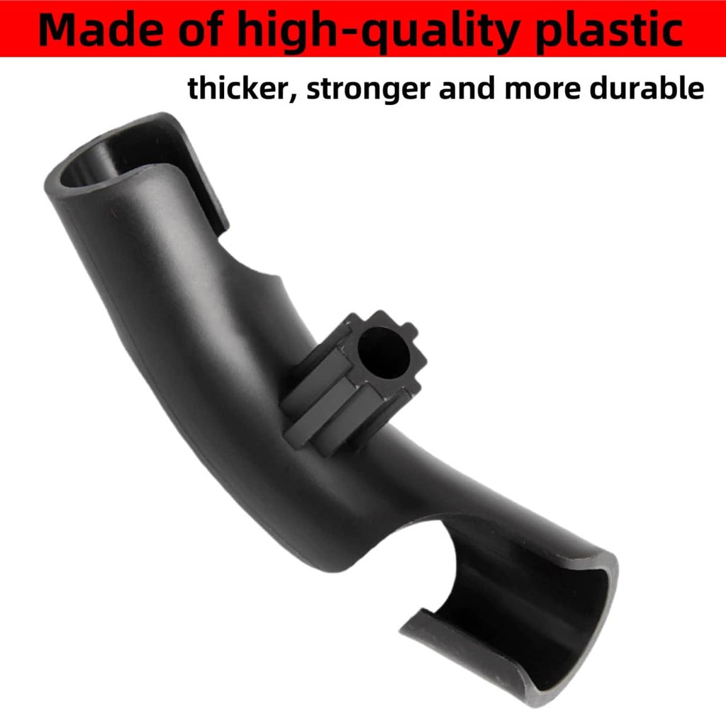 Black plastic pipe bender attachment with side grips and open nozzle ends for hose.