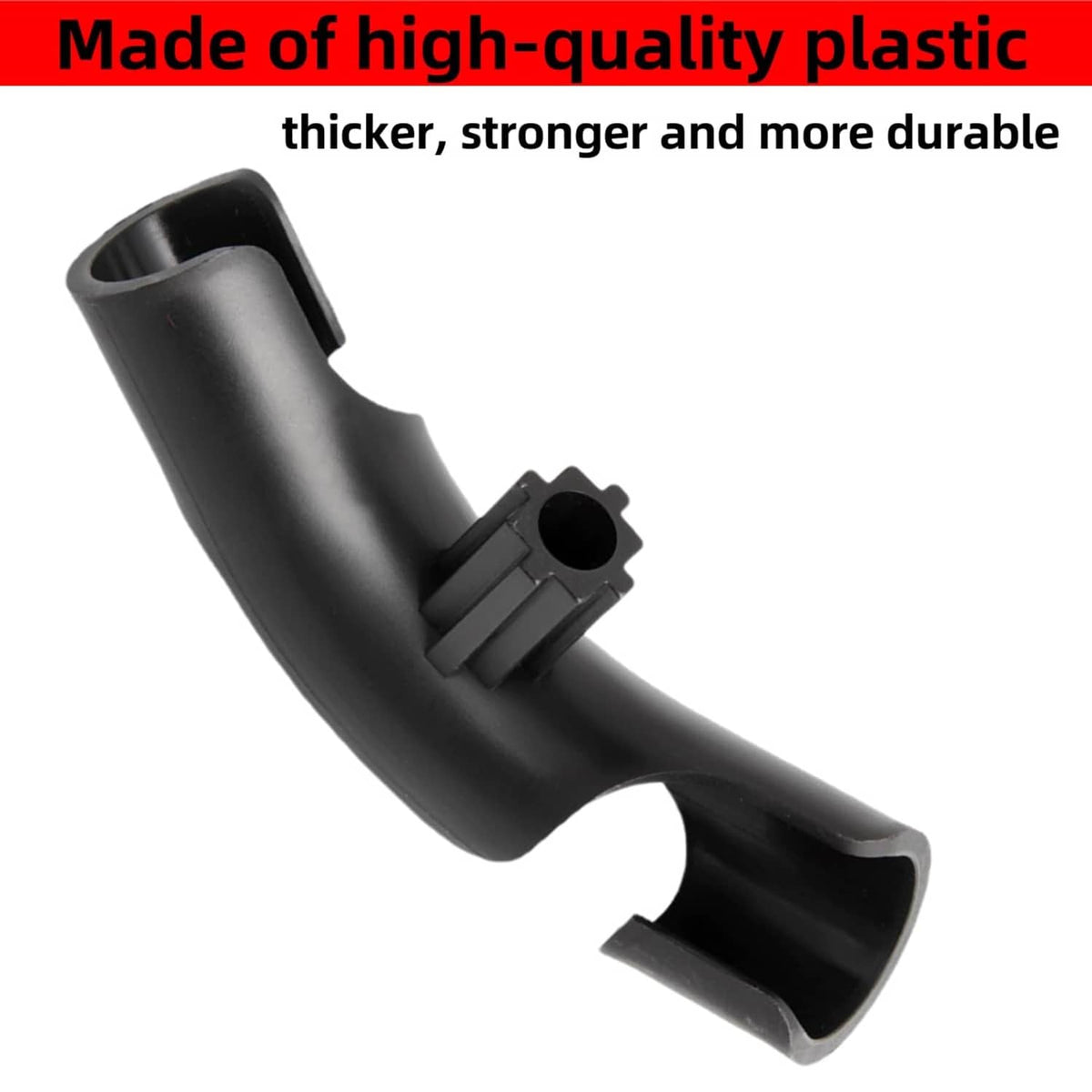 Black plastic pipe bender attachment with side grips and open nozzle ends for hose.