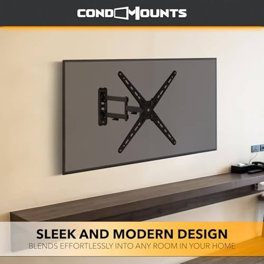 Black TV wall mount mounted on wall with double-arm plate and swivel cross