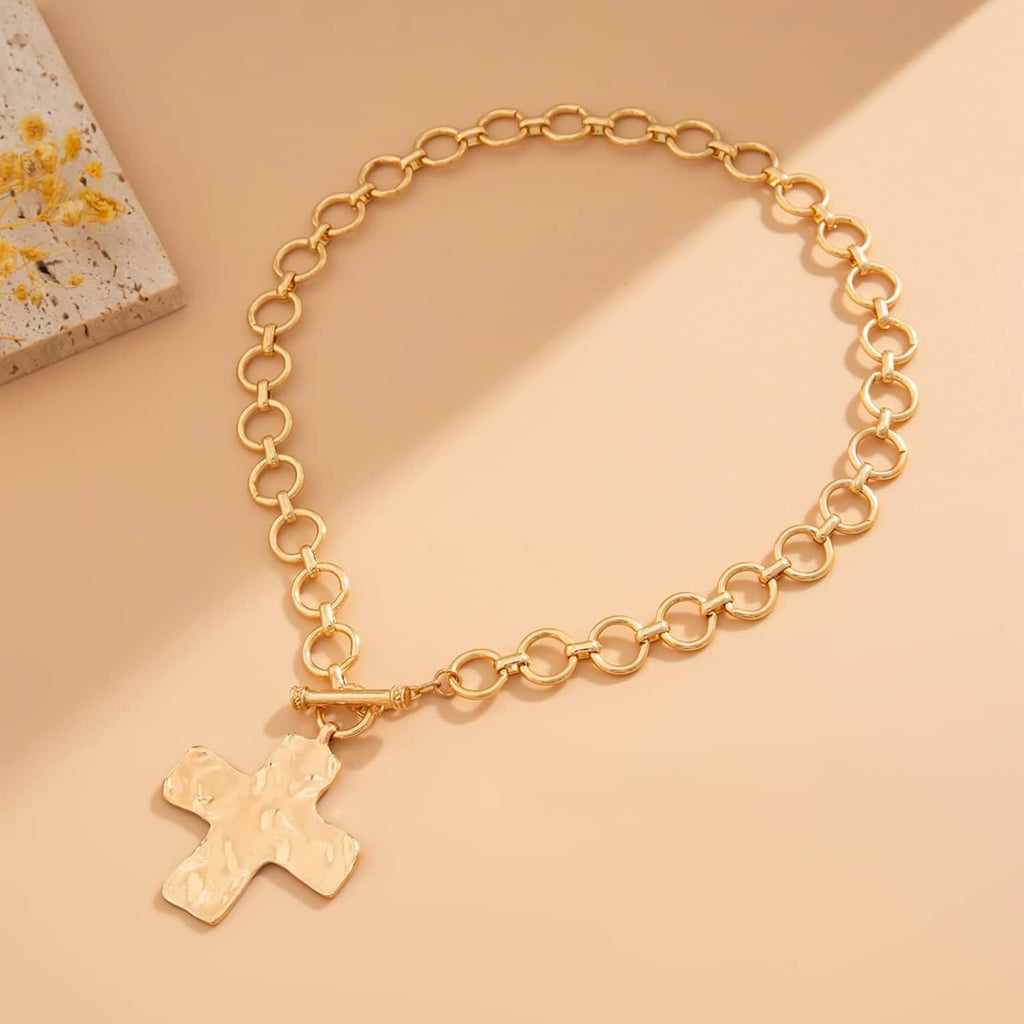 Gold-tone chunky chain necklace with cross pendant and ring clasp