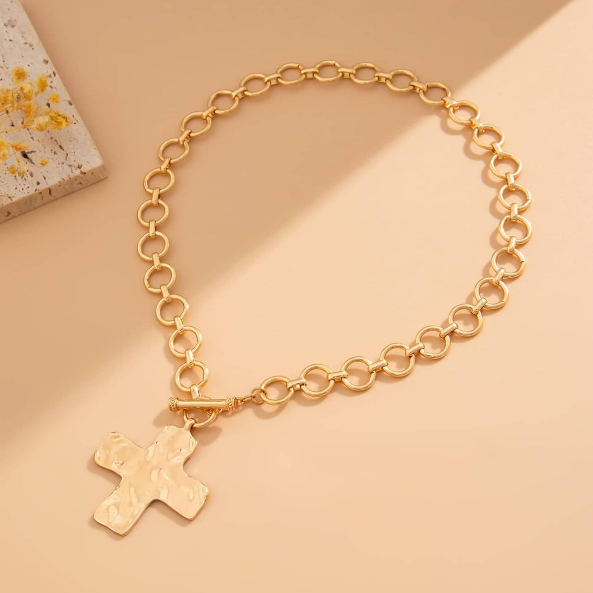 Gold-tone chunky chain necklace with cross pendant and ring clasp