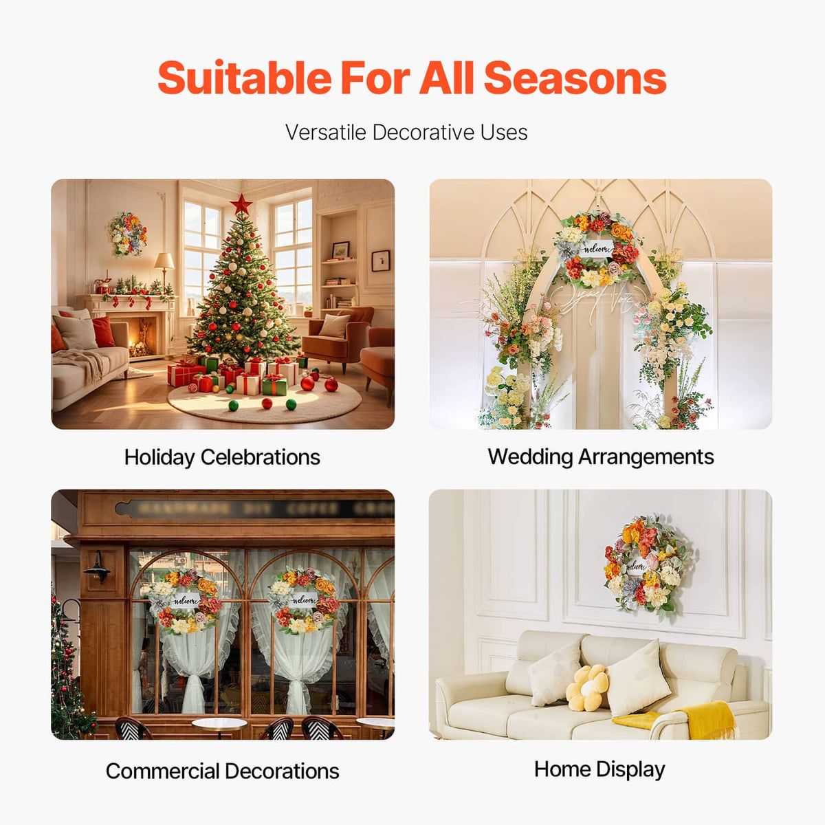 Decorative floral wreath used for holiday, wedding, commercial, and home displays