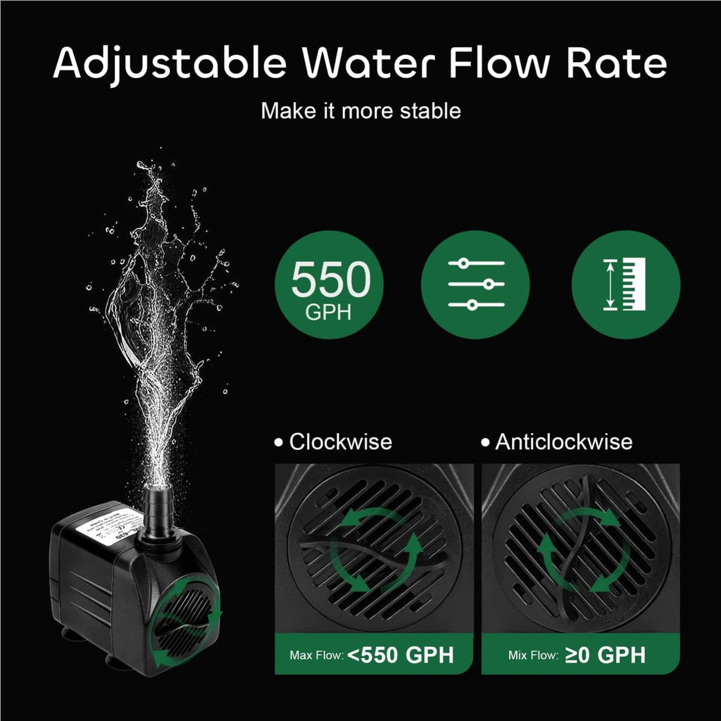 Black submersible water pump with adjustable flow control and multiple outlet ports