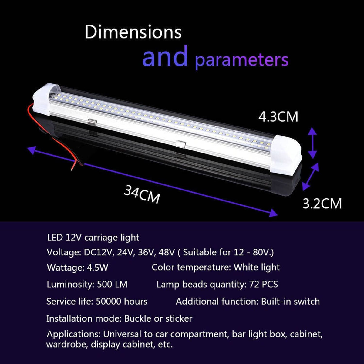 12V LED light bar with white housing and red/black wires, 34cm x 4.3cm x 3.2cm