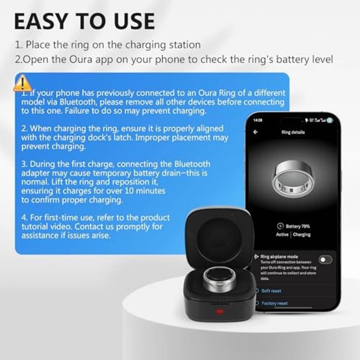 Black wireless charging case with ring dock beside smartphone screen