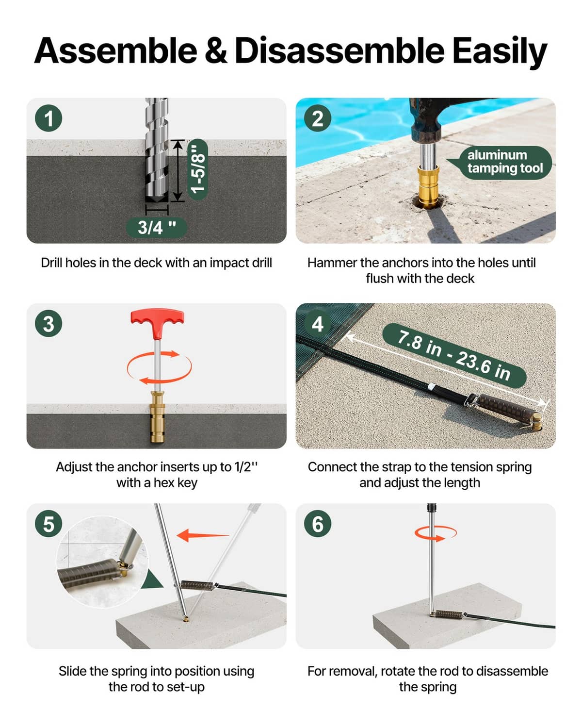 Pool safety cover installation kit with anchors, tension springs, and tools