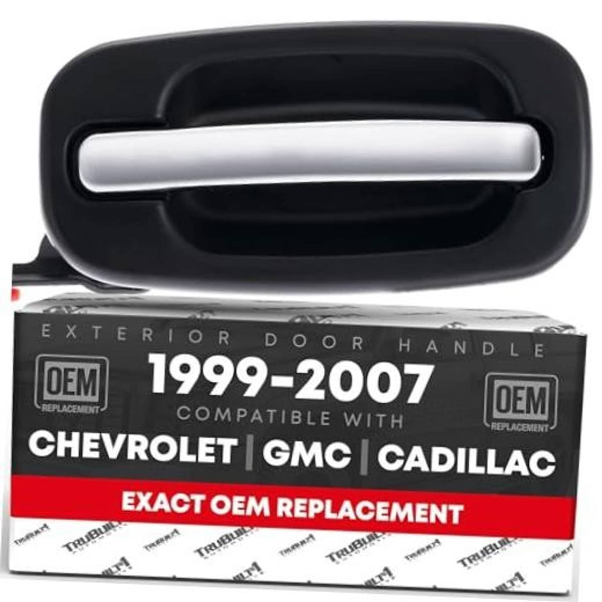Exterior rear passenger door handle with black housing and silver chrome lever