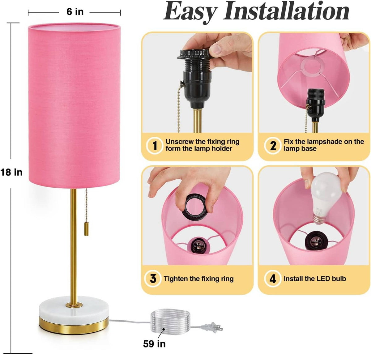 Pink fabric table lamp with gold stem and round white base, shown for installation.