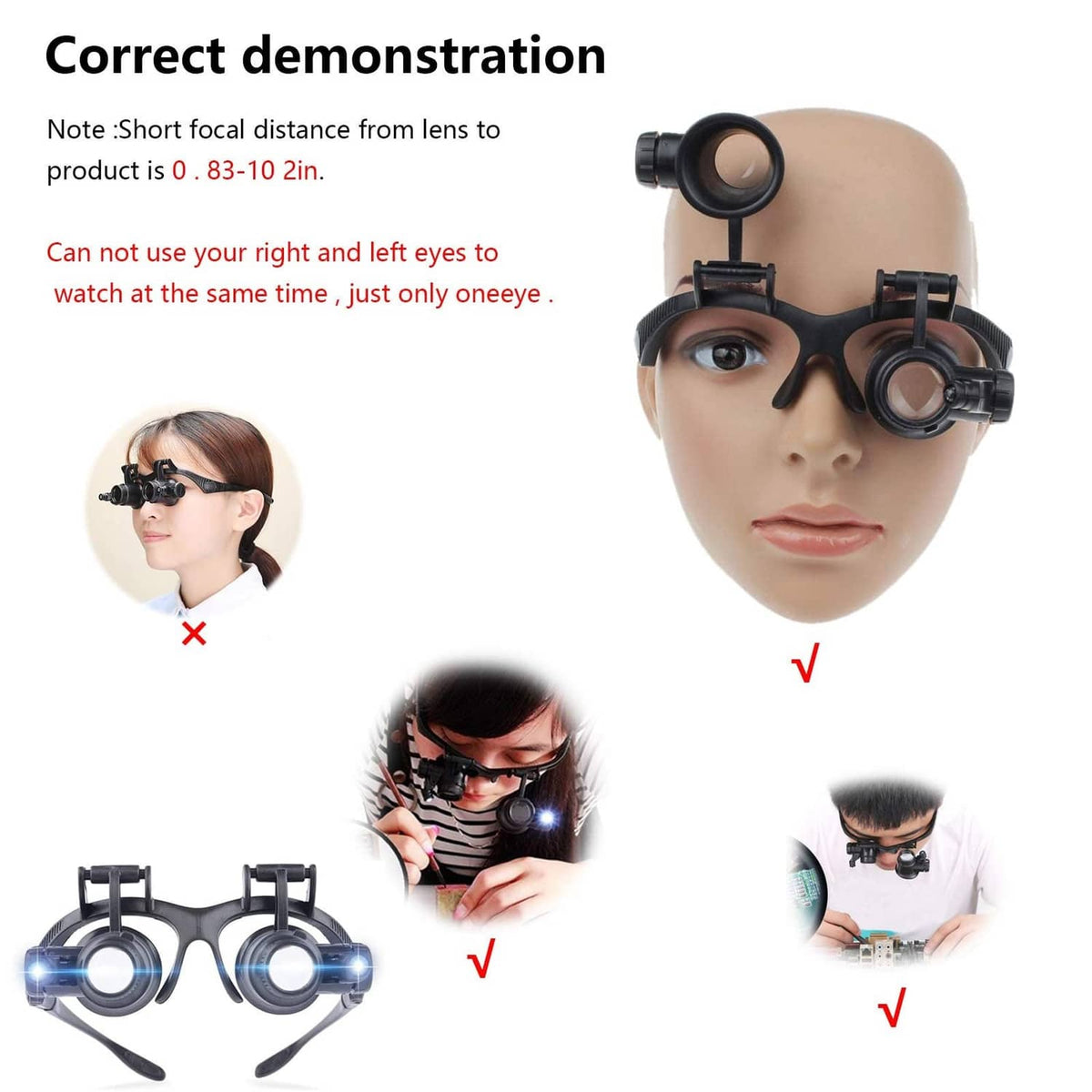 LED magnifying glasses fitted to a face model with adjustable front lenses
