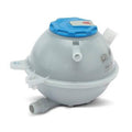 Coolant overflow reservoir tank with blue cap, plastic body and side hose outlet