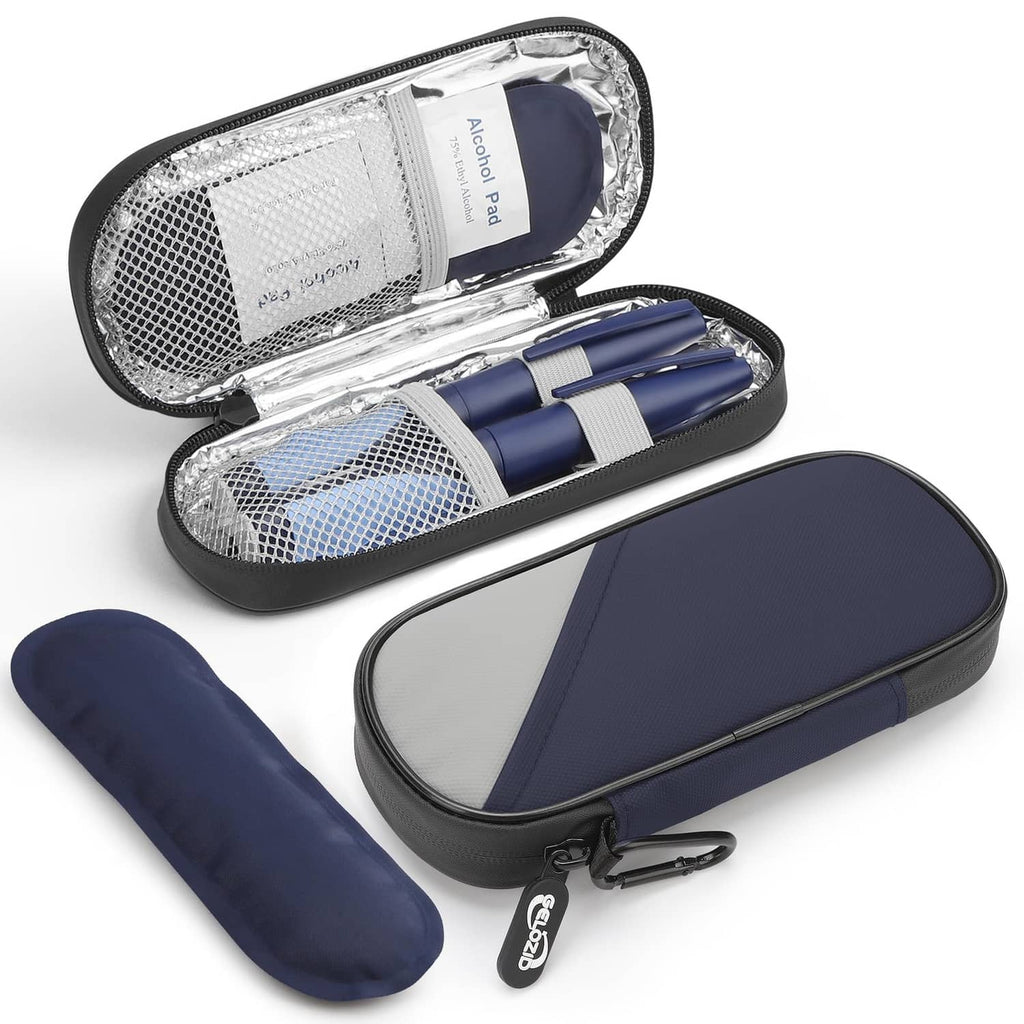 Gelozid insulin cooler travel case, dark blue and gray, zippered compact oval bag