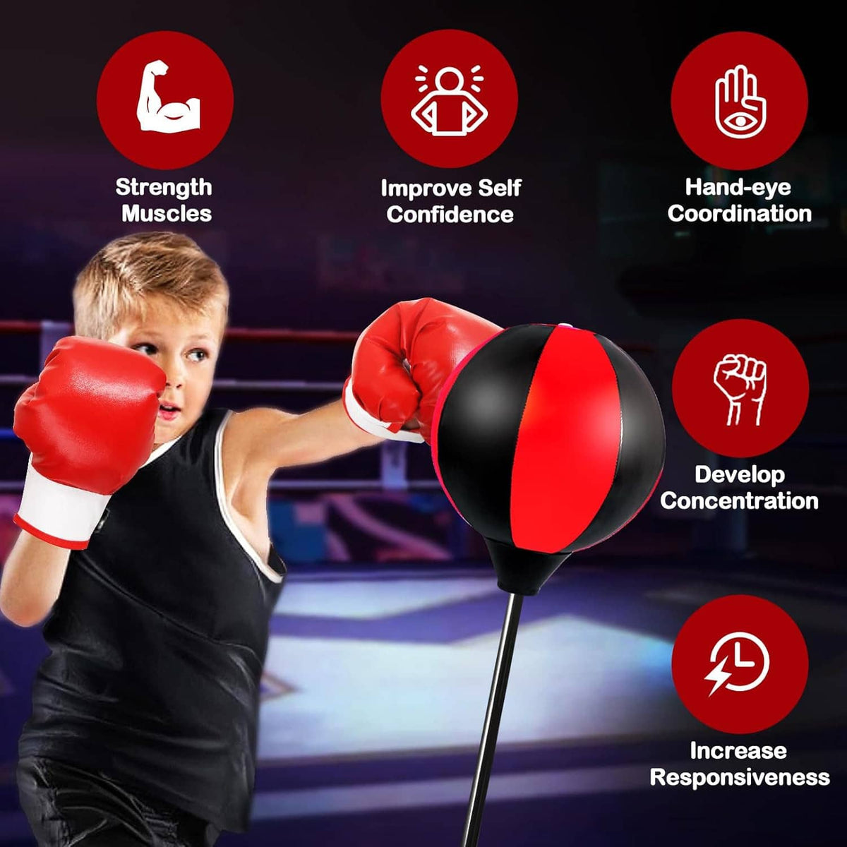 Kids reflex punching bag with red-and-black gloves on a child mid-punch